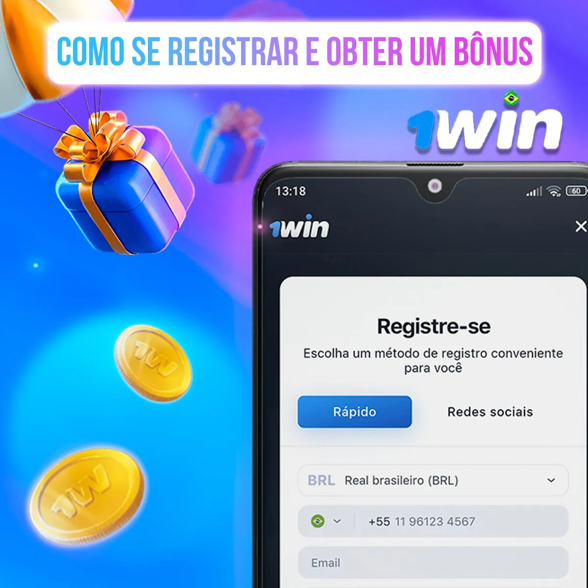 Formulário de cadastro da 1win em uma composição ilustrativa