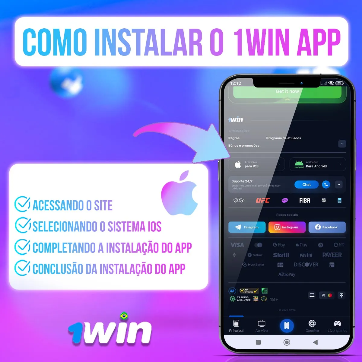 Ilustração do acesso à 1win no iOS Ilustração do acesso à 1win no iOS