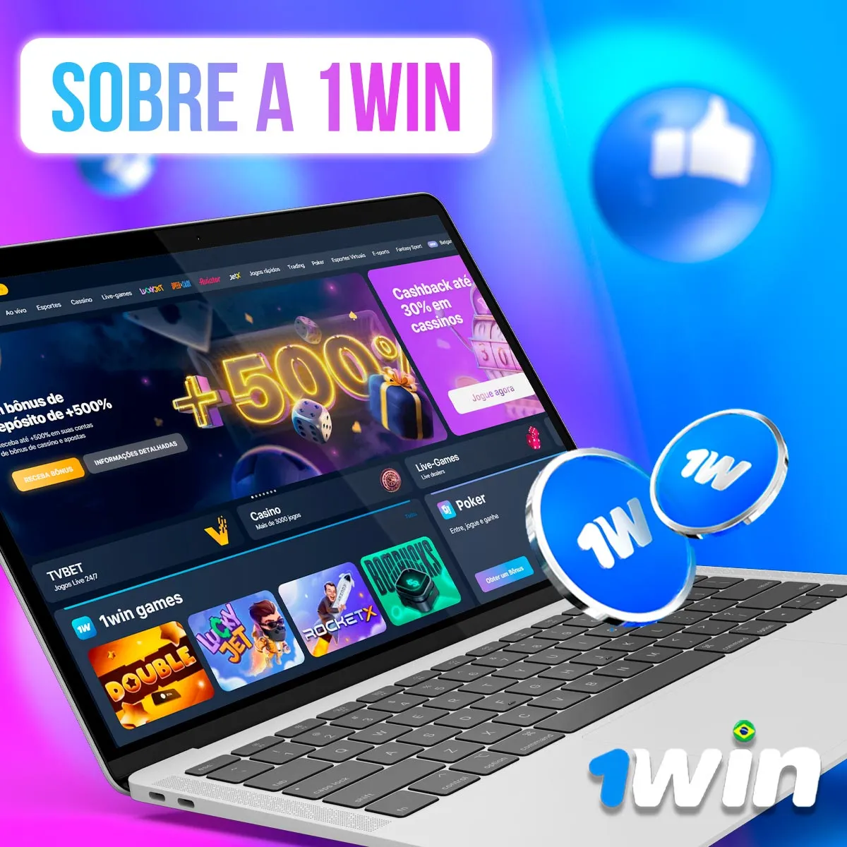 Composição com notebook, catálogo da 1win e moedas