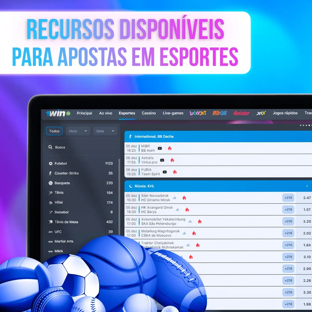 Telas da 1win com listas de eventos, placares e cotações