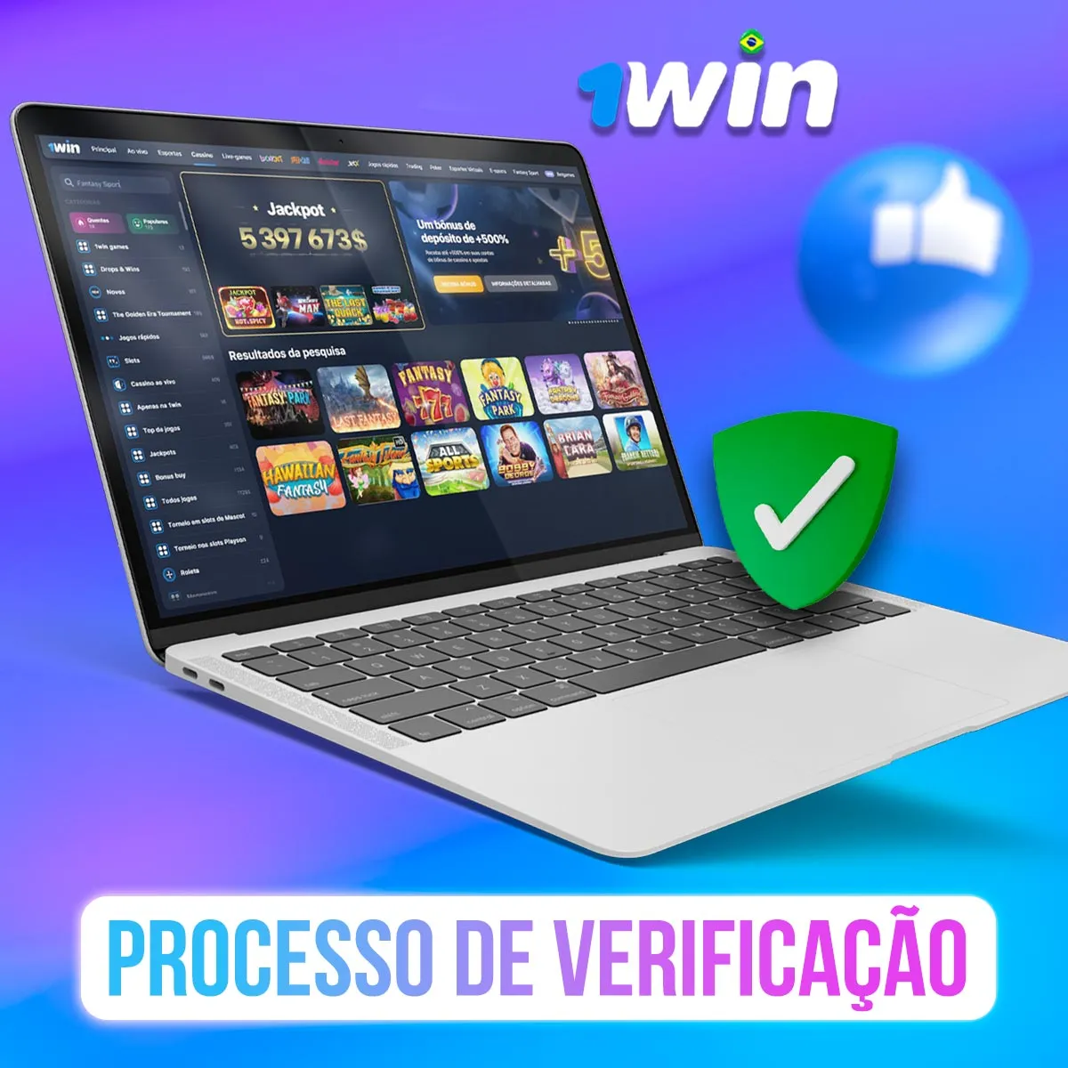Notebook com interface da 1win e símbolo de verificação