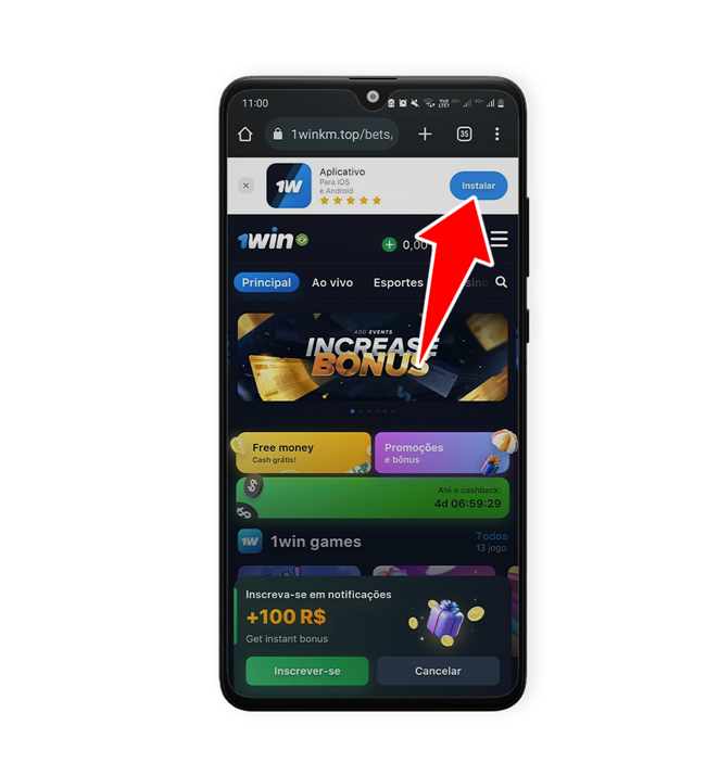 Seta indicando o menu na tela móvel da 1win Seta indicando o menu na tela móvel da 1win