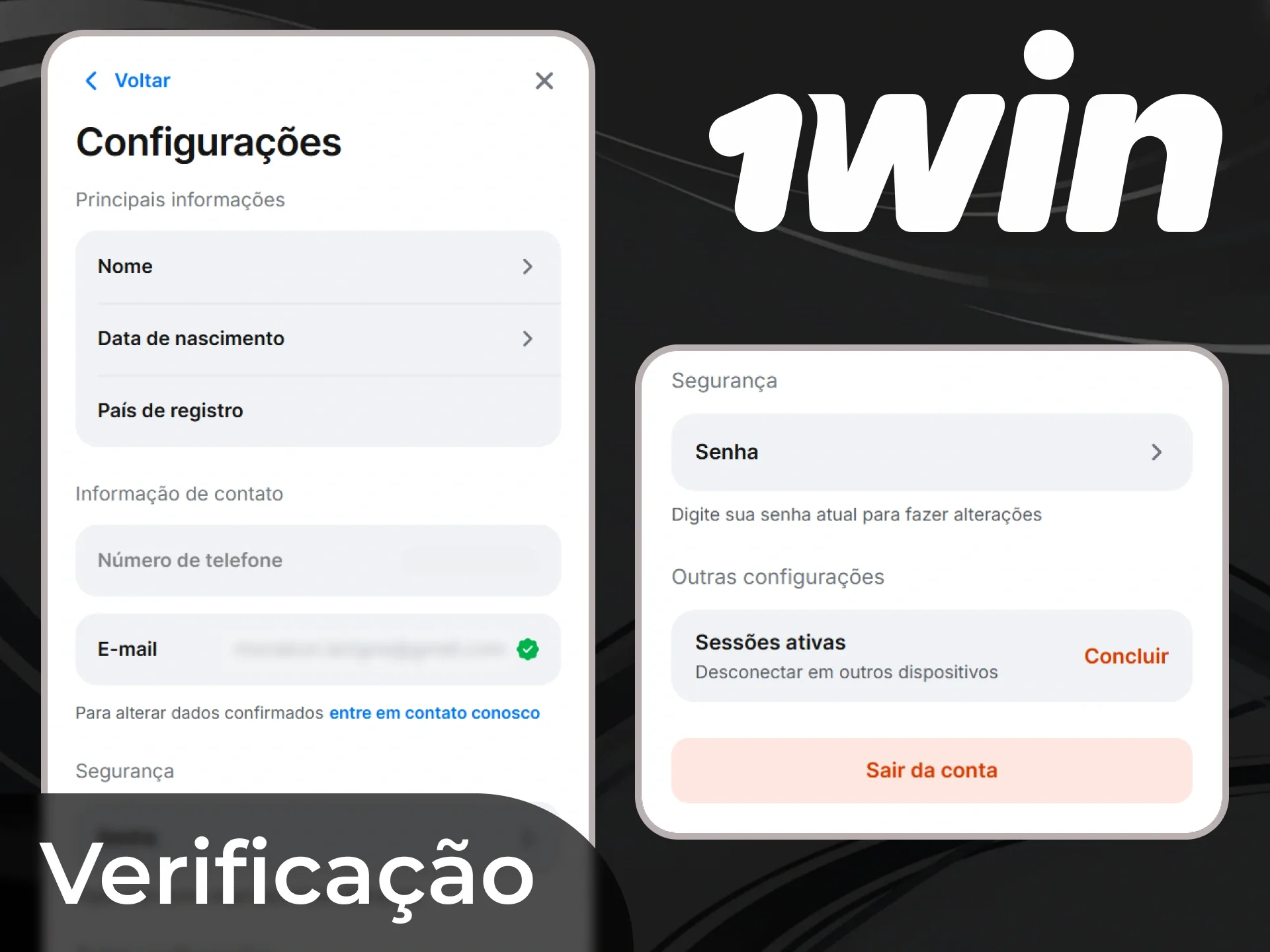 Configurações de perfil, senha e sessões ativas da conta 1win