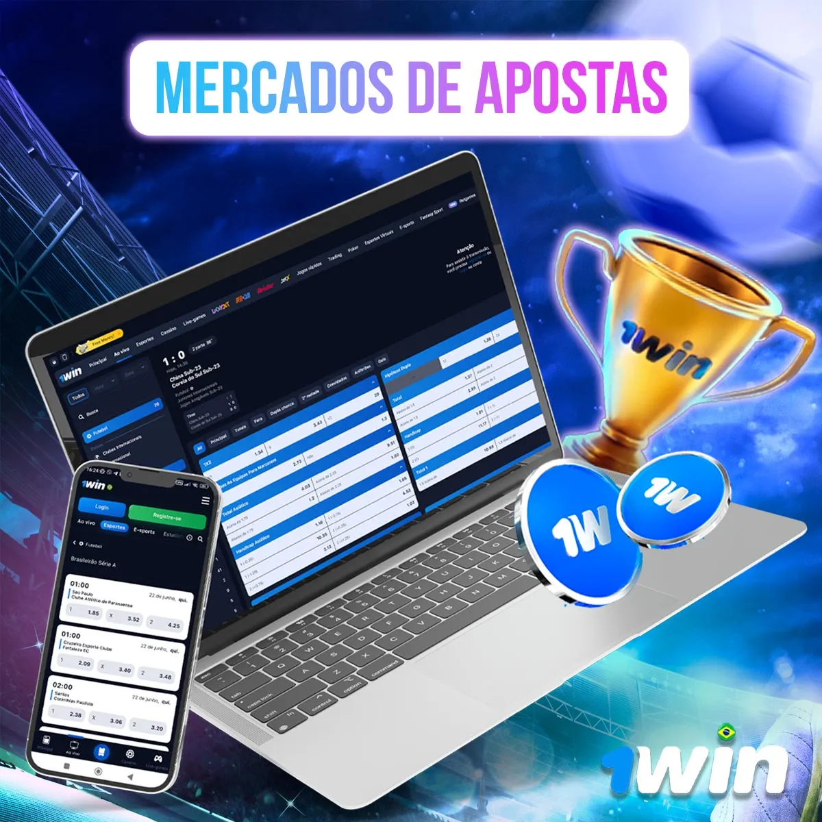 Telas da 1win com listas de eventos, placares e cotações