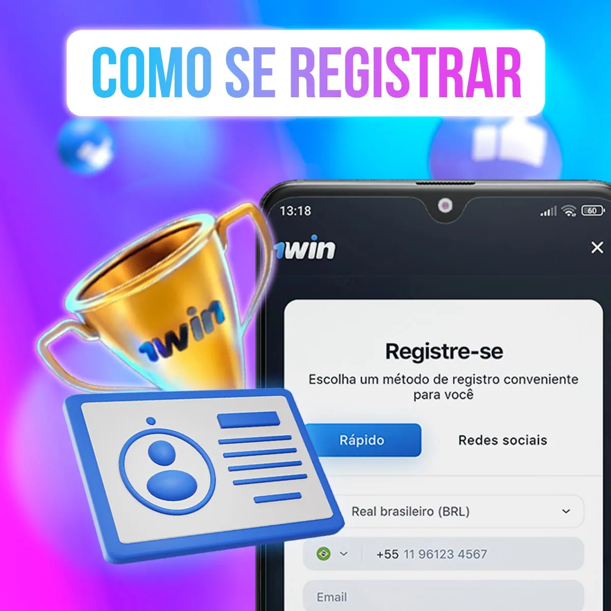 Formulário de cadastro da 1win em uma composição ilustrativa