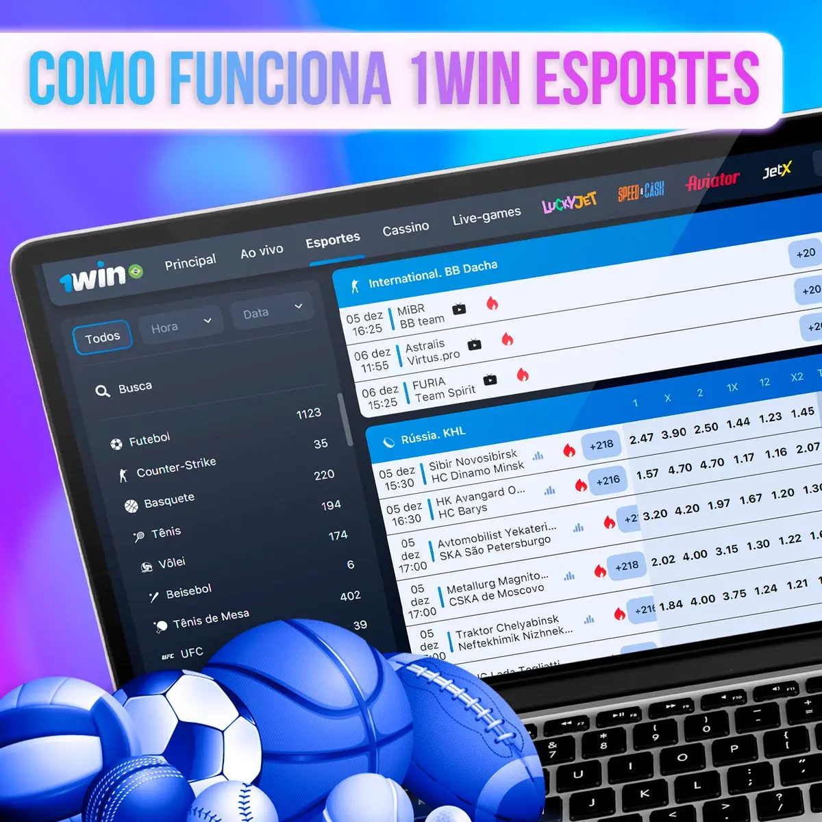 Telas da 1win com listas de eventos, placares e cotações