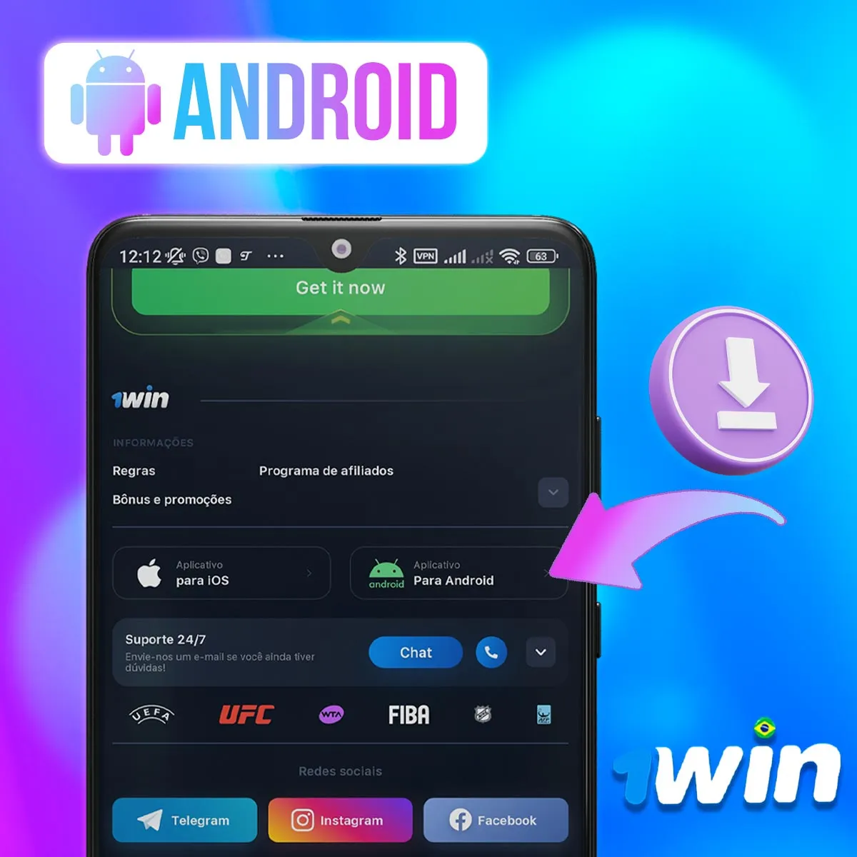 Celular com a área de aplicativo Android da 1win
