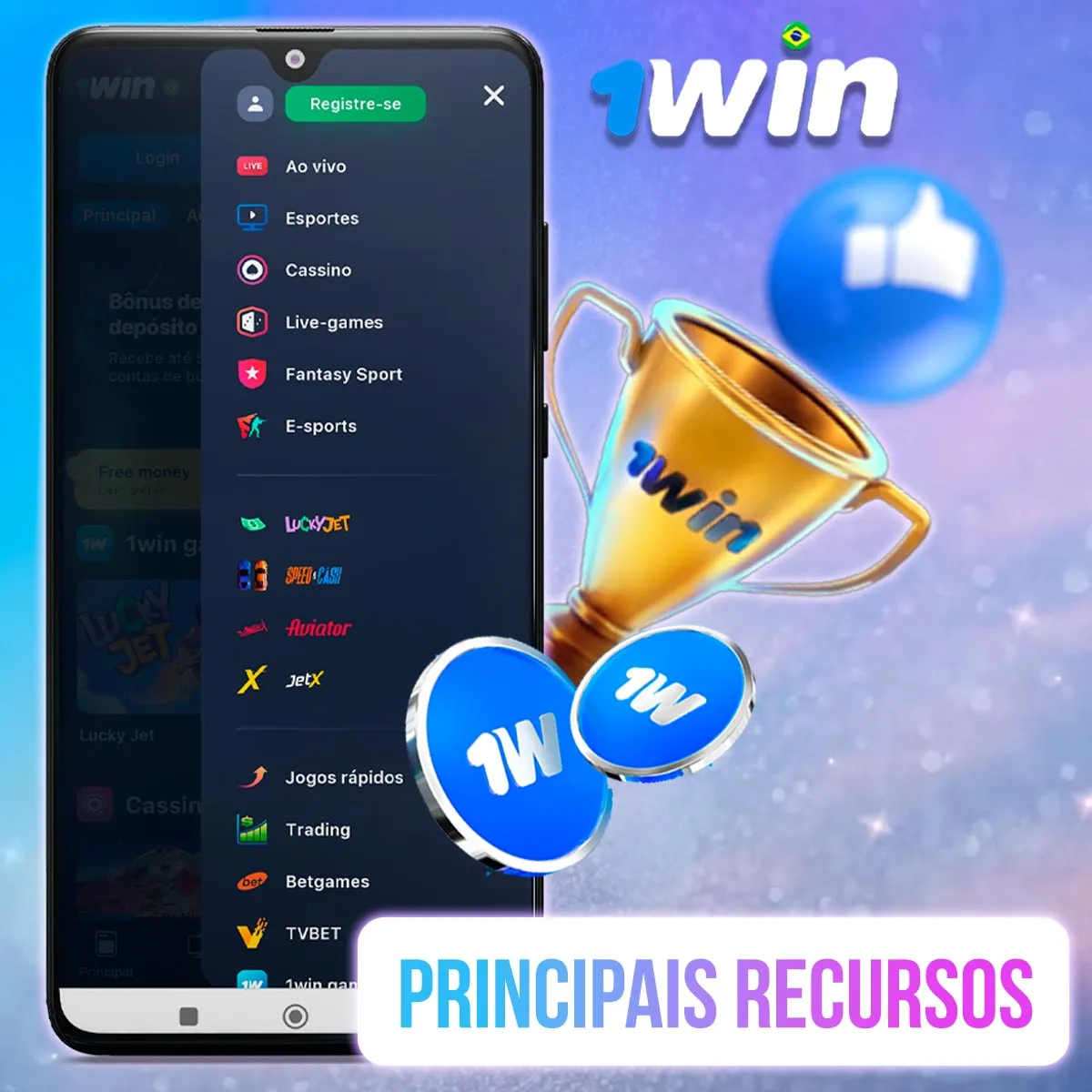 Celular com menu de categorias da 1win