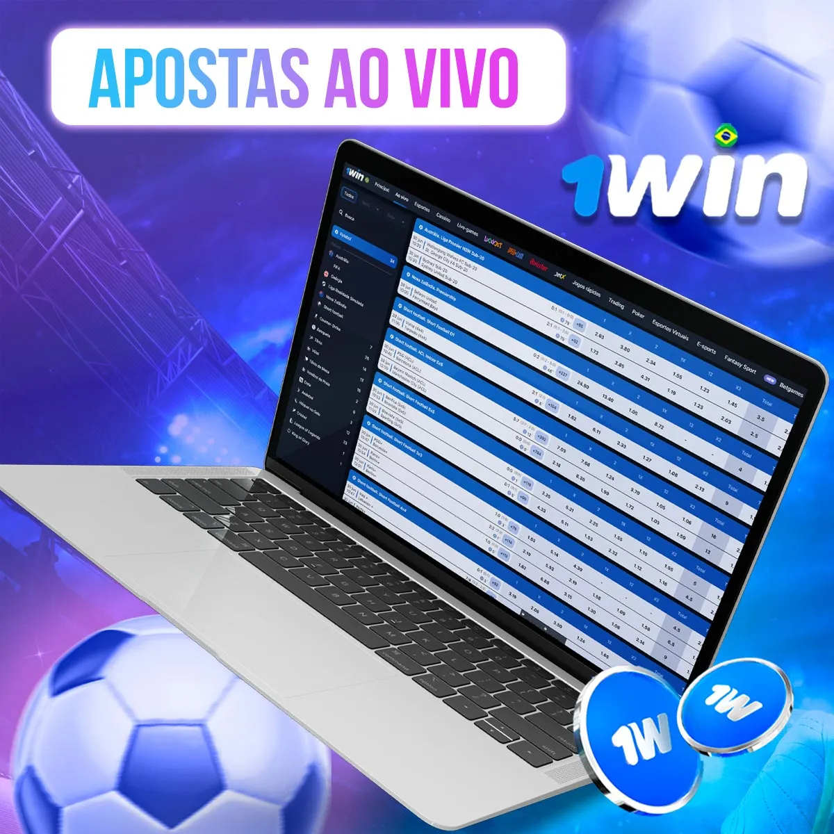 Notebook com a lista de apostas ao vivo da 1win