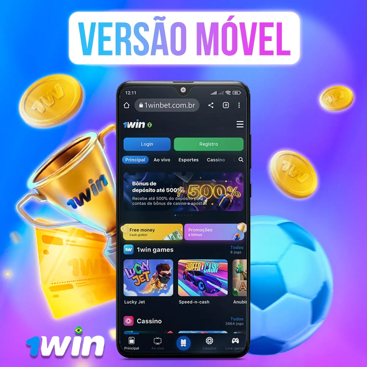 Celular exibindo a página inicial da 1win Celular exibindo a página inicial da 1win