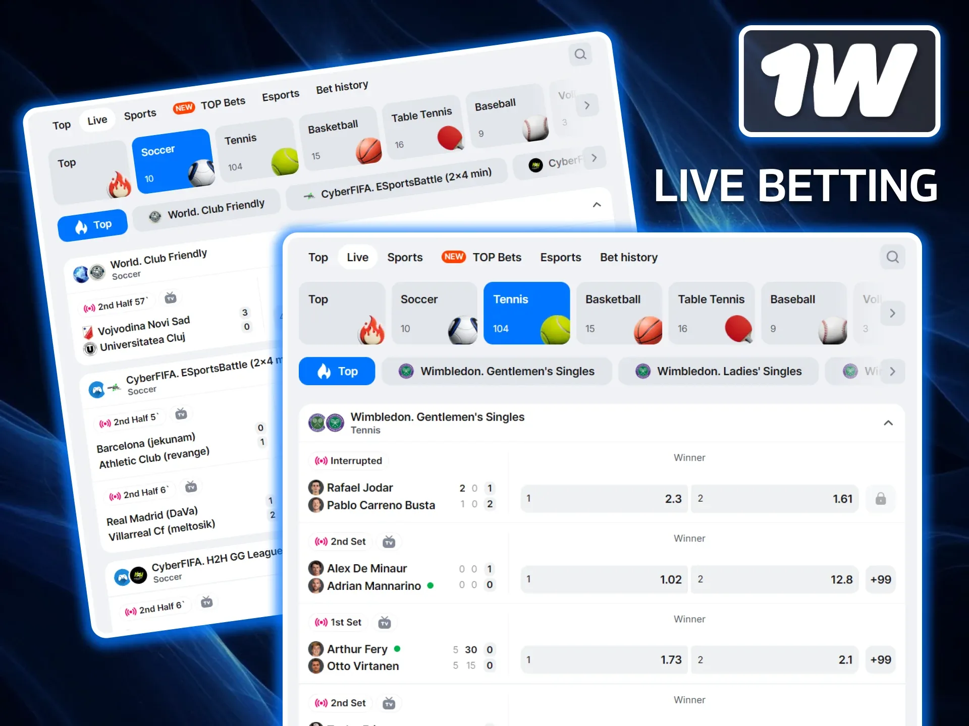 Montagem da interface 1win com placares de futebol, tênis e mercados suspensos