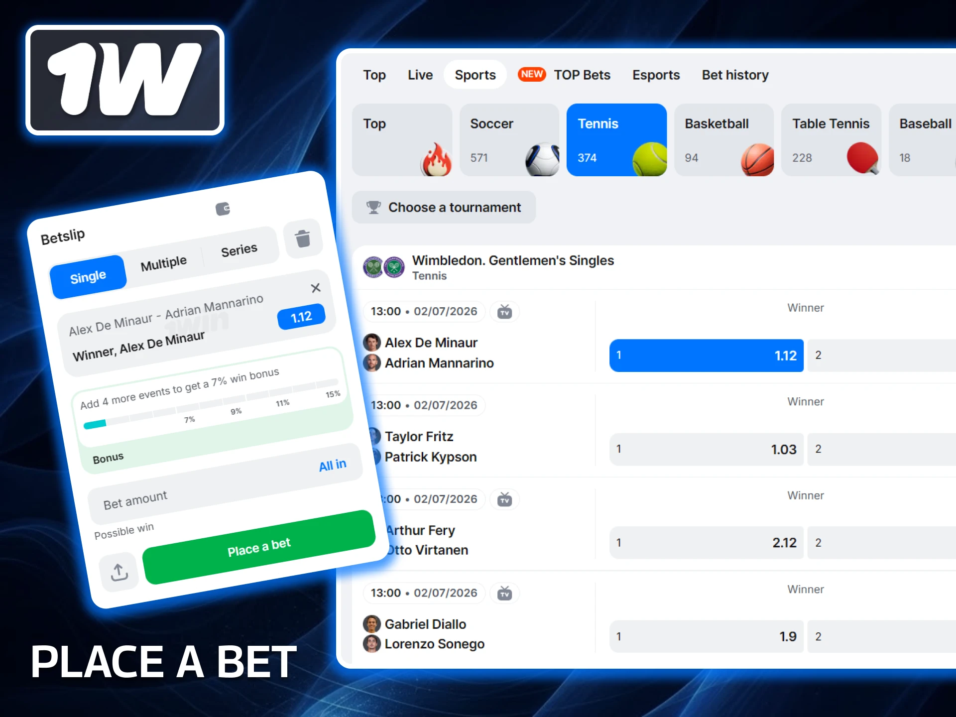 Lista de eventos e campos do bilhete da 1win